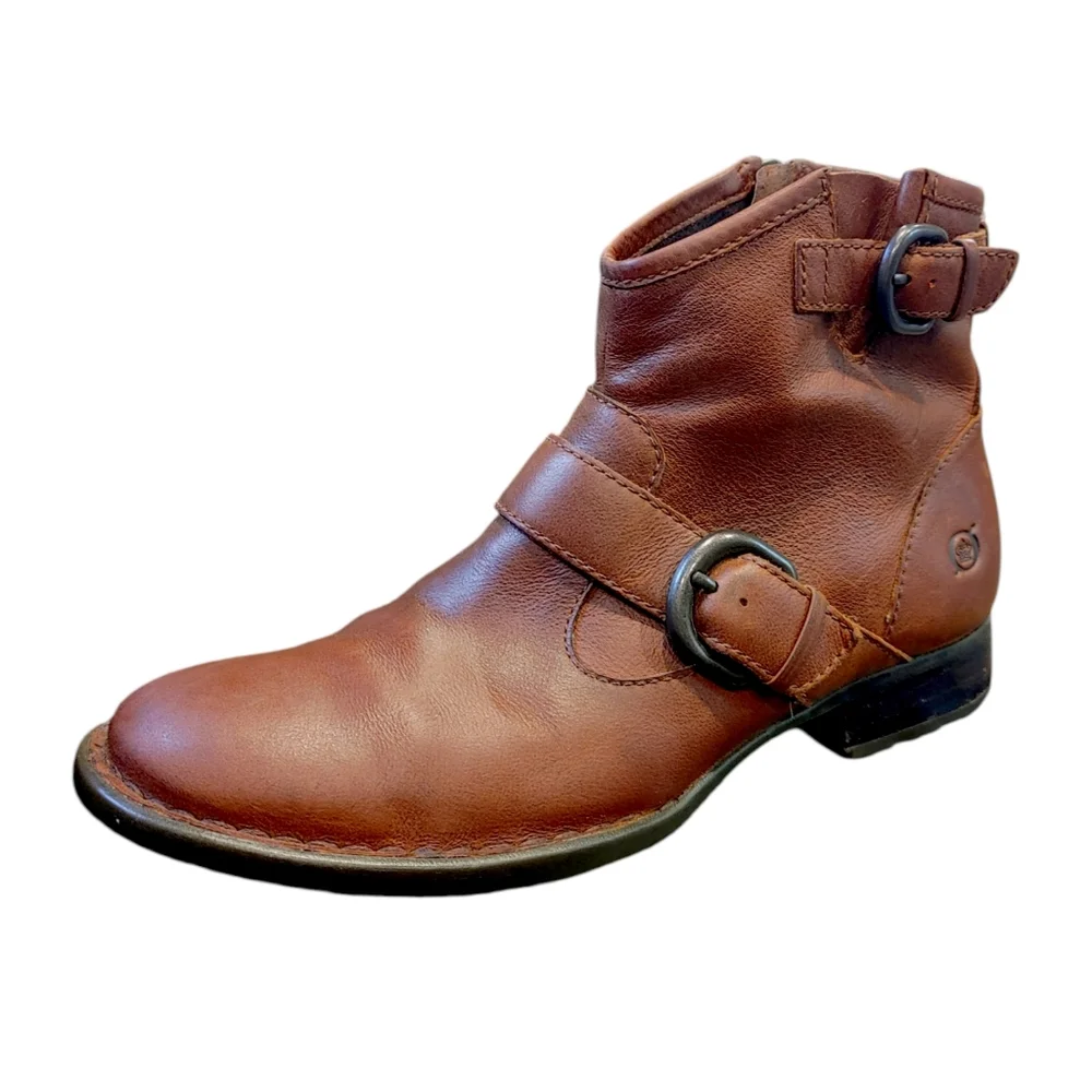 Born Brown Leather Buckle Slouchy Zip Up Ankle Boots Women's Size 8